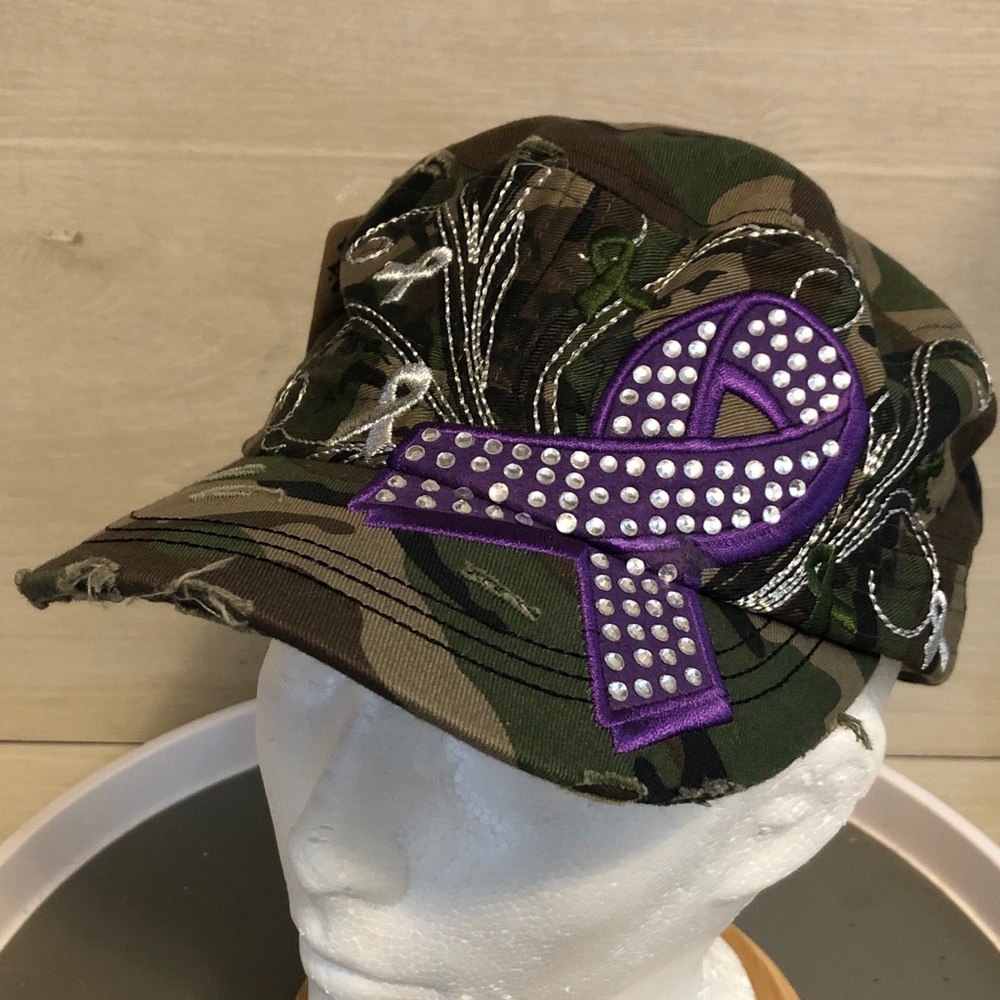 Pancreatic Cancer Awareness Women’s Military Style Camo Cap w rhinestones